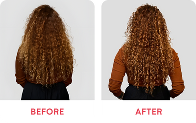 Goddess BioTech Blowout Hair Repair Mask before and after image on curly hair